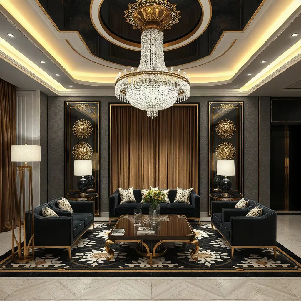 Art deco interjers ar ģeometriskiem rakstiem un zelta akcentiem elegantā viesistabā