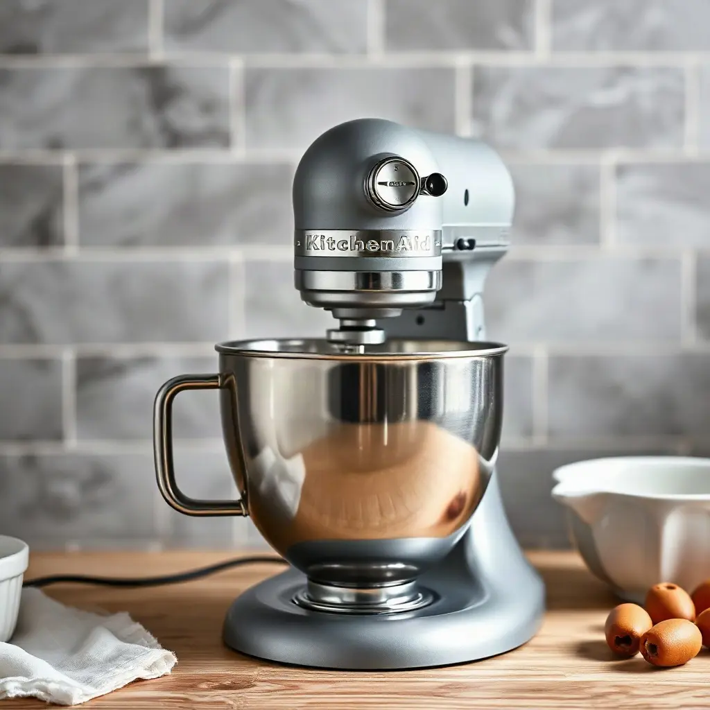 KitchenAid Artisan virtuves kombains uz marmora galda ar cepšanas sastāvdaļām