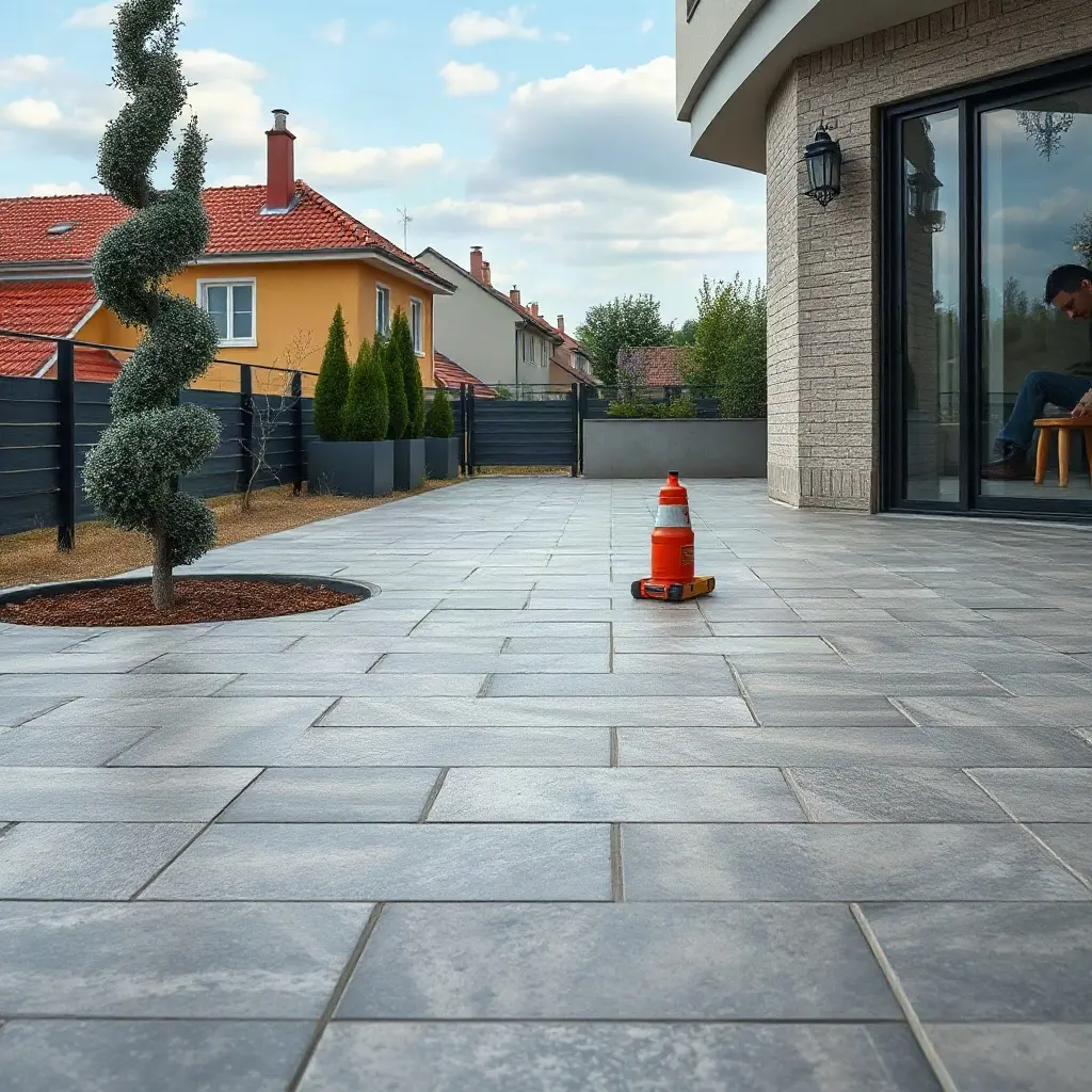 Moderna āra terase ar lielformāta porcelāna flīzēm un zaļu dārzu