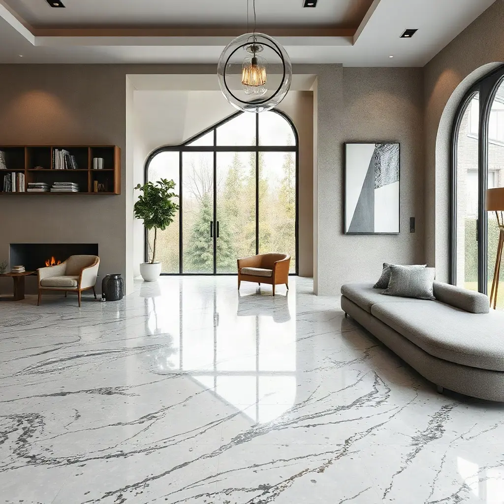 Modernā dzīvojamā istaba ar elegantām terrazzo flīzēm uz grīdas