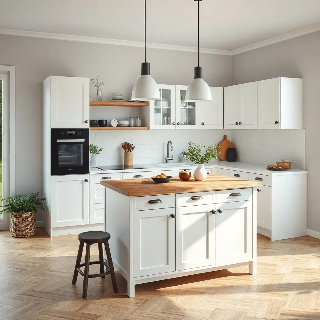 Moderna IKEA virtuves sala Skandināvu stilā ar koka virsmu un baltiem skapjiem