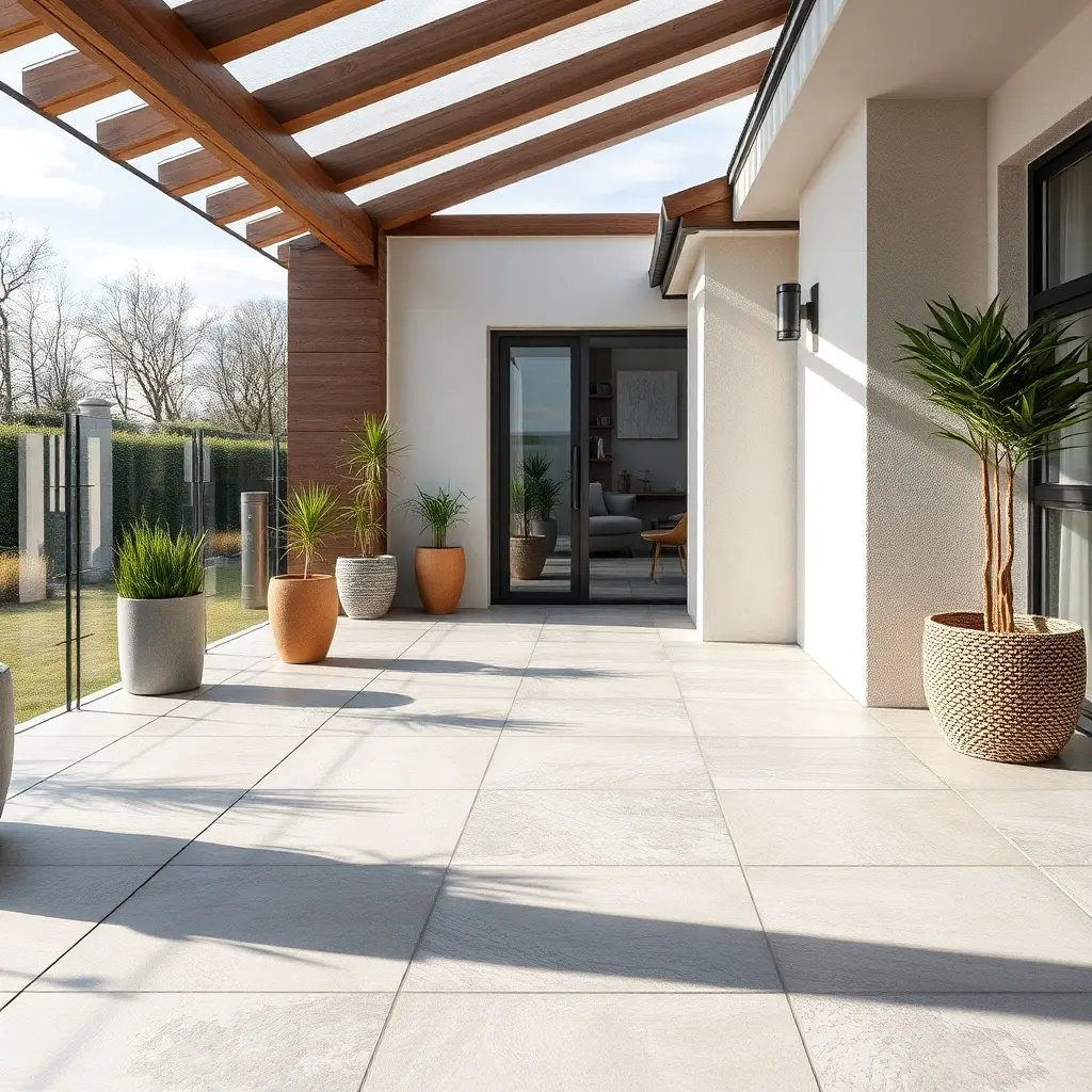 Modernas mājas terase ar lielformāta porcelāna stikla flīzēm un āra mēbelēm