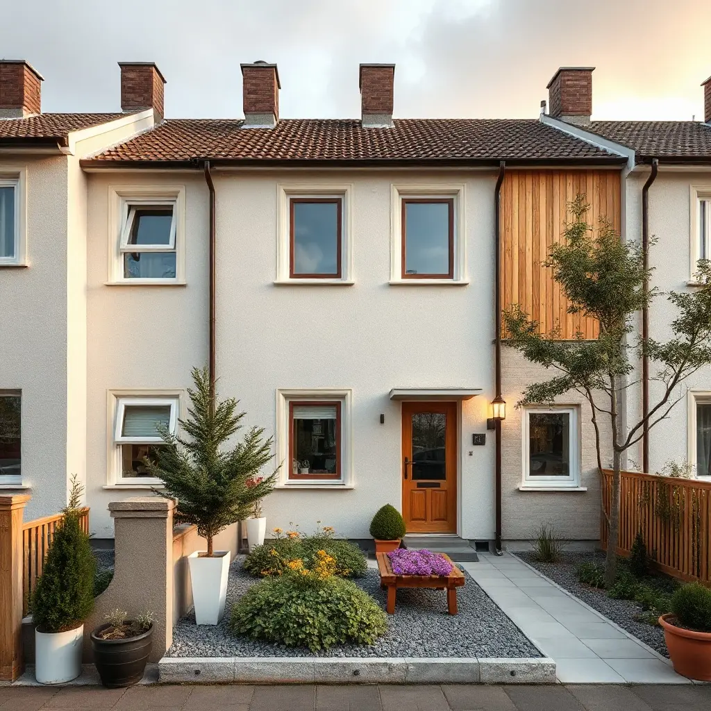 Modernas rindu mājas Latvijā ar gaišām fasādēm un privātiem dārziņiem