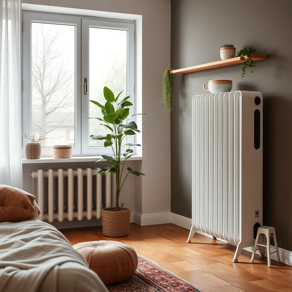 Moderns elektriskais sildītājs modernā Latvijas dzīvojamā istabā ziemā