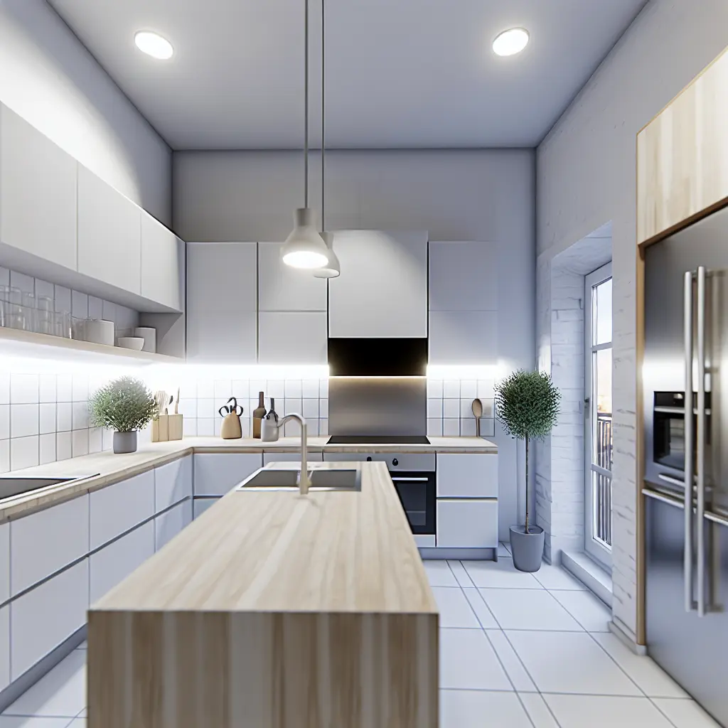 Mūsdienīga IKEA virtuve ar dažādiem moduļiem un iebūvētu tehniku