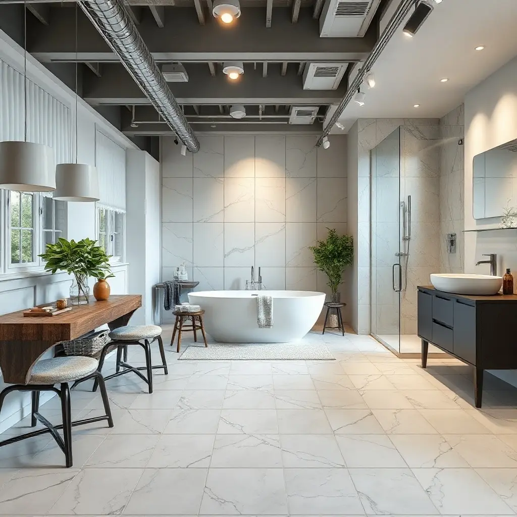 Tegula flīžu salona interjers ar plašu keramikas un porcelāna flīžu izvēli